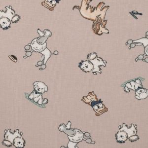 Tricot katoen stof, puppy print, zand/wit/donkerblauw. X026
