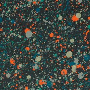 Tricot katoen stof, spetterprint, grijs/oranje/petrol/groen. C103