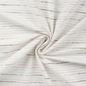 Tricot katoen stof, streepprint, offwhite/roze/beige. X649