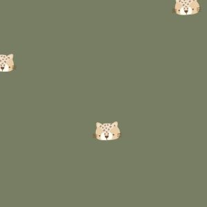 Tricot katoen stof, tijgerkopjes, groen/camel/bruin. X1043