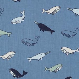 Tricot katoen stof, walvissenprint, blauw/groen, Poppy meets Pommé. X1424