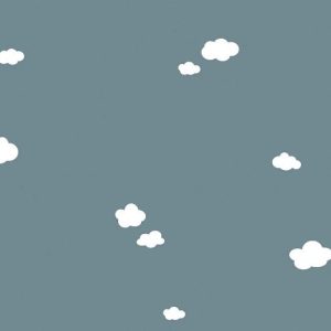 Tricot katoen stof, wolkjes, staalblauw/offwhite. X1006