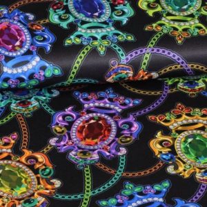 Tricot stof, medaillon print, zwart/paars/blauw/groen. F4457