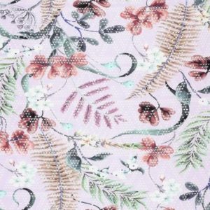 Tricot viscose stof, bloemen- en verenprint, lila/groen/oudroze. X549
