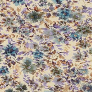 Tricot viscose stof, bloemetjesprint, beige/paars/blauw. Y26