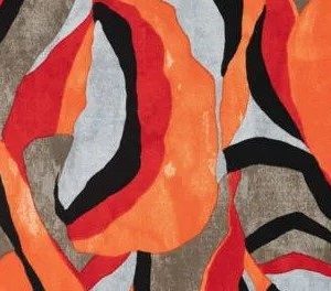 Tricot viscose stof, grafische bladerenprint, rood/oranje/grijs. X1024