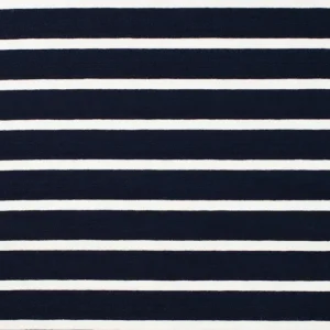 Tricot viscose stof, streep motief, blauw/offwhite. Y167
