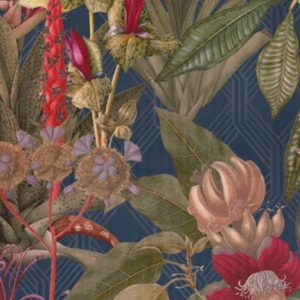 Velvet deluxe velours stof, botanic, midden blauw/groen/rood/roze. DV100