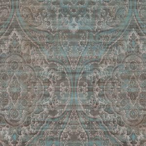 Velvet velours stof, gewassen barokprint, grijs/lichtblauw. DV105