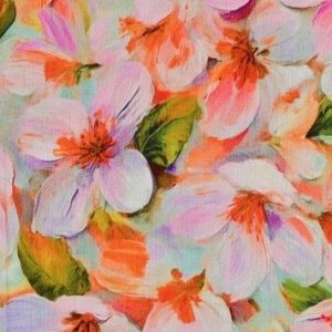 Viscose crêpe stof, bloemenprint, mint/groen/oranje/roze. P583