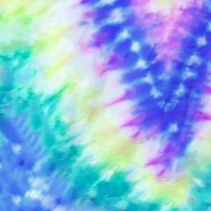 Viscose crêpe stof, zigzag tiedye print, blauw/geel/fuchsia. X281