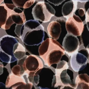 Viscose ecovero stof, bubbelprint, grijs/zwart/blauw/roest. Y1029