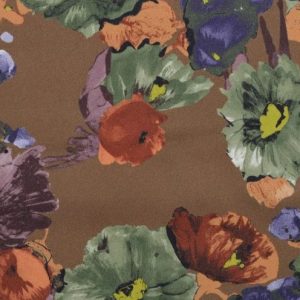Viscose glans stof, bloemenprint, bruin/groen/paars. X901