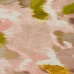 Viscose linnen stof, abstracte print, beige/zalm/okergeel/groen. P293
