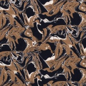 Viscose linnen stof, abstracte print, donkerblauw/camel. C01033