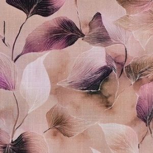 Linnen viscose stof, digitale bladprint, oudroze/beige/roze. P584