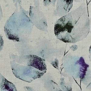 Linnen viscose stof, digitale bladprint, groen/paars. P585