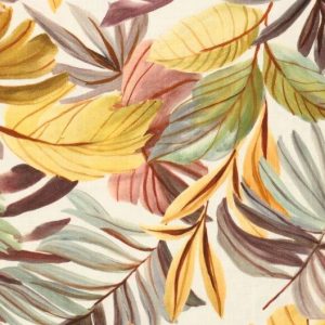 Viscose linnen stof, monstera bladeren, crème/geel/bruin. D0634