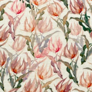 Linnen viscose stof, wilde tulpenprint, naturel/groen/perzik. P363