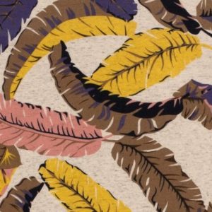 Viscose linnen tricot stof, bladprint, zand/paars/geel/bruin/roze. C464