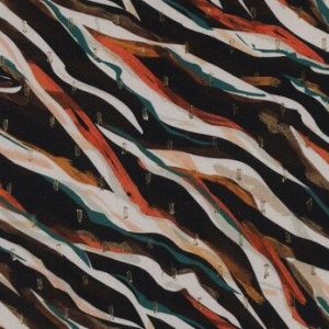 Viscose lurex stof, digitale dierenprint, zwart/oranje. X042
