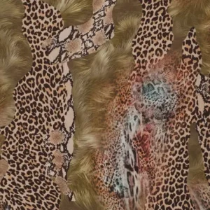 Viscose mousseline stof, panter- en slangenprint, bruin/groen/blauw. Y1041