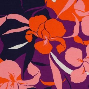 Viscose poplin stretch stof, bloemprint, paars/oranje/roze. X1254