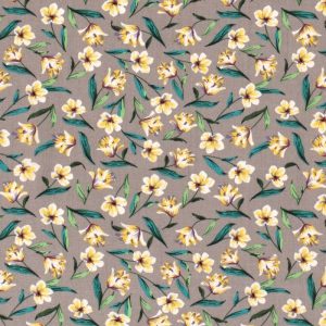 Viscose poplin stof, bloemenprint, grijs/groen/geel. C0986