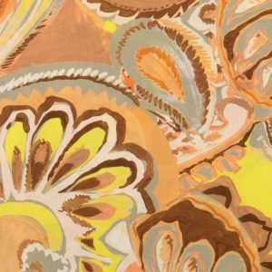 Viscose poplin stof, grote paisleyprint, oranje/geel/bruin. P289
