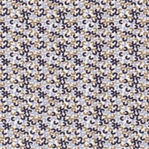 Viscose poplin stof, abstracte halve cirkels, wit/blauw/camel. C01004