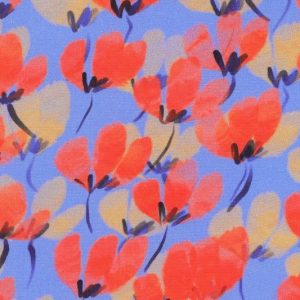 Viscose radiance stof, digitale bloemen print, blauw/rood/oranje. X1245
