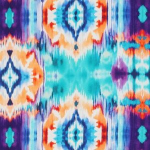 Viscose radiance stof, digitale ikatprint, blauw/paars/oranje. X1246