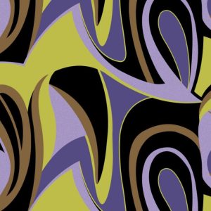 Viscose rayon stof, satijn look, pucci print, paars/lime. D0282