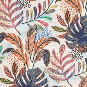 Viscose reliëf stof, Dolly Livia, bladerenprint, blauw/roest/oranje. P339