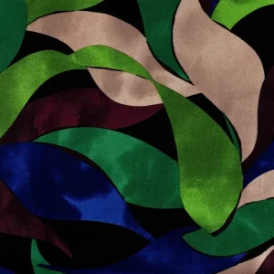 Viscose satijn stof, bladprint, groen/blauw/paars/zand/zwart. Y765