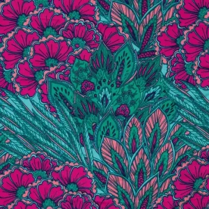 Viscose satijn stof, bloemen paisleyprint, fuchsia/blauw. P416