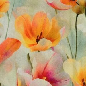 Viscose satijn stof, digitale bloemenprint, geel/groen. P603