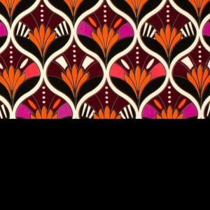 Viscose satijn stof, lotusprint, rood/oranje/paars/zwart. X243