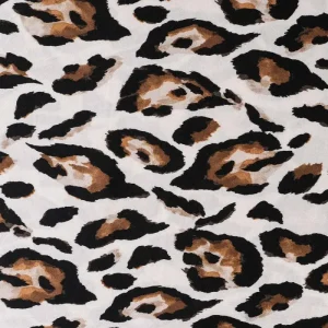 Viscose satijn stof, panterprint, offwhite/zwart/lichtbruin. Y763