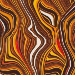 Viscose satijn stof, retroprint, bruin/oranje/wit. C666