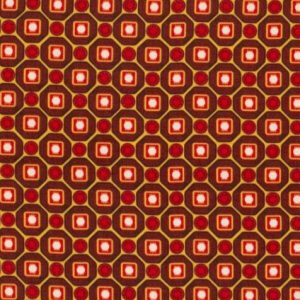 Viscose satijn stof, retroprint met schuine ruit, oranje/roest. C671