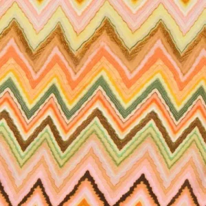 Viscose satijn stof, soepel vallend, zigzag print, roze/oranje/geel/groen. Y79
