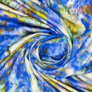 Viscose stof, satijn zijde look, digitale all-over fantasieprint, blauw/groen. X377