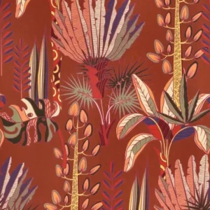 Viscose slub stof, soepel vallend, jungle print, roest/oranje/paars/groen. P234