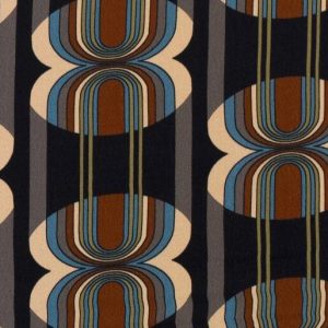 Viscose stof, glanzend, abstracte print, zwart/bruin/grijs/blauw. A0786