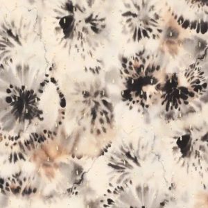 Viscose stof, soepel vallend, aquarel bloemen met lurex stippen, grijs/beige/zand. D0614