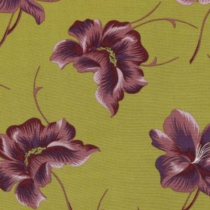 Viscose stof, bloemenprint, groen/paars. D0545