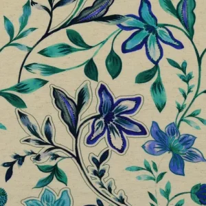 Viscose stof, bloemenprint, offwhite/groen/blauw. Y64