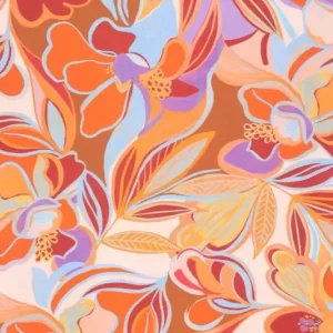 Viscose stof, digitale bloemenprint, oranje/paars/blauw. Y351A