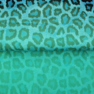 Stenzo viscose stof, soepel vallend, panterprint overloop, aqua blauw/zwart. Y500